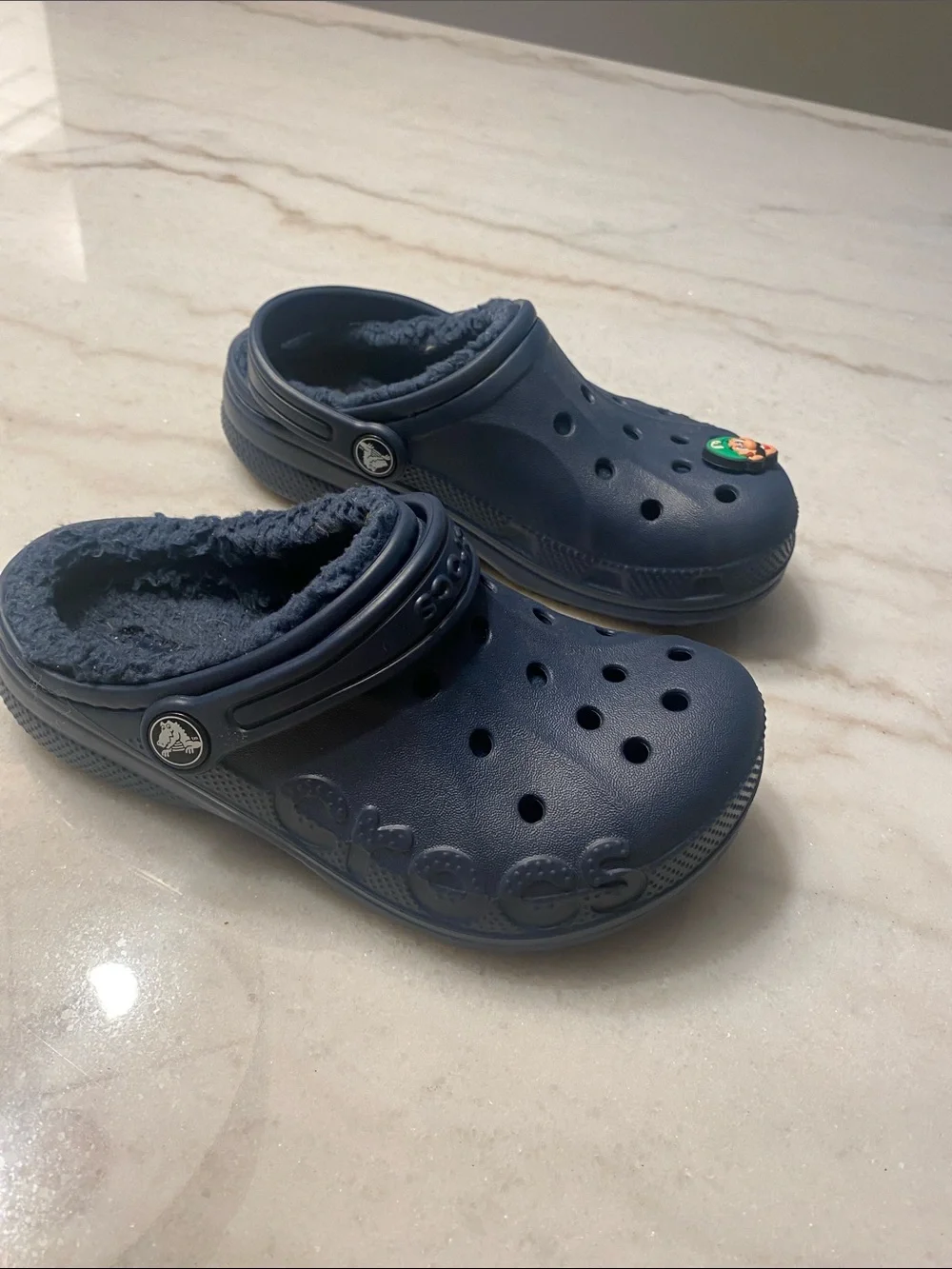CROCS Navy Blue Fuzzy-Lined Kids Clogs with Character Charm